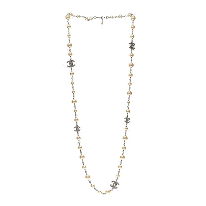 Chanel Graduated Pearl Crystal CC Long Necklace Silver 3 of 6