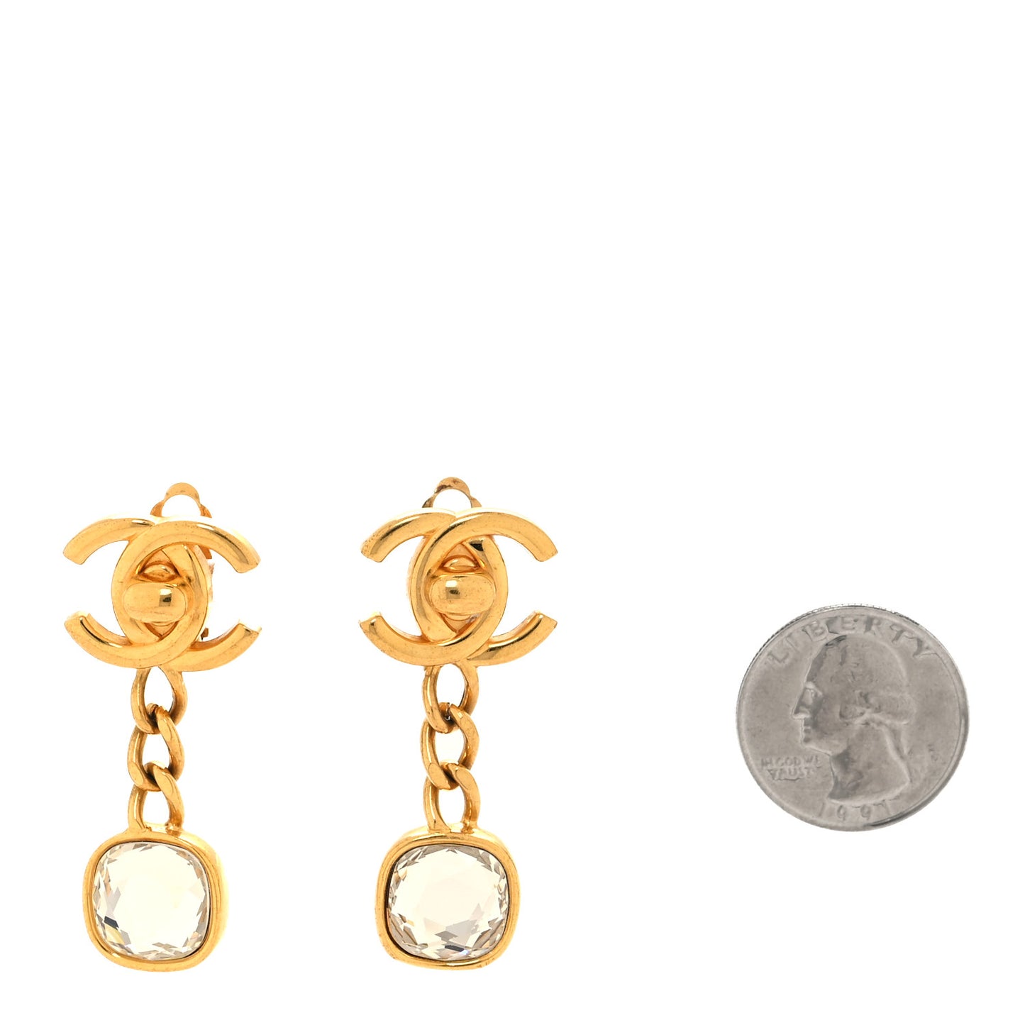 Metal Crystal CC Turnlock Chain Drop Earrings Gold