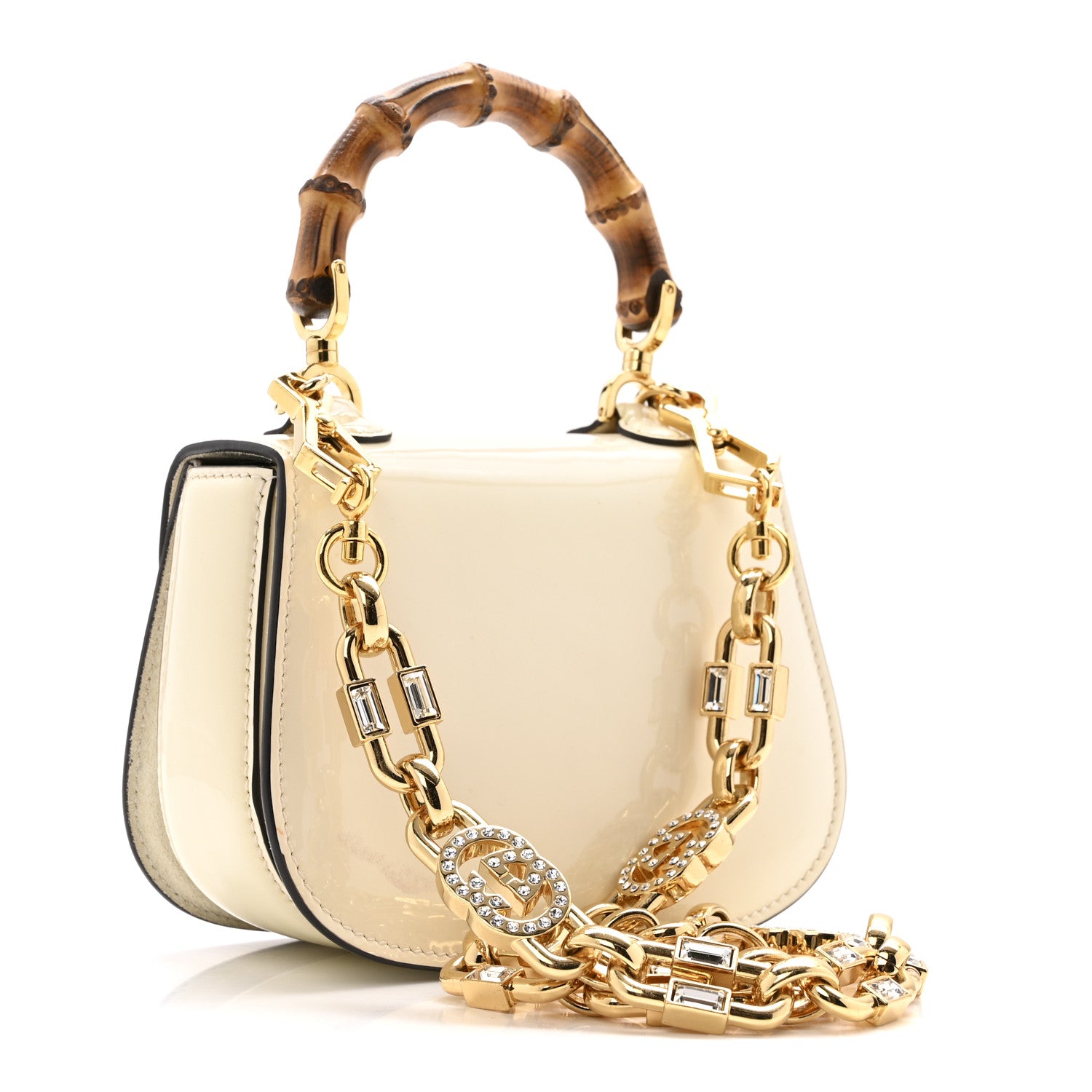 Gucci Patent Crystal Mini Bamboo 1947 Top Handle Chain Bag White 3 of 12