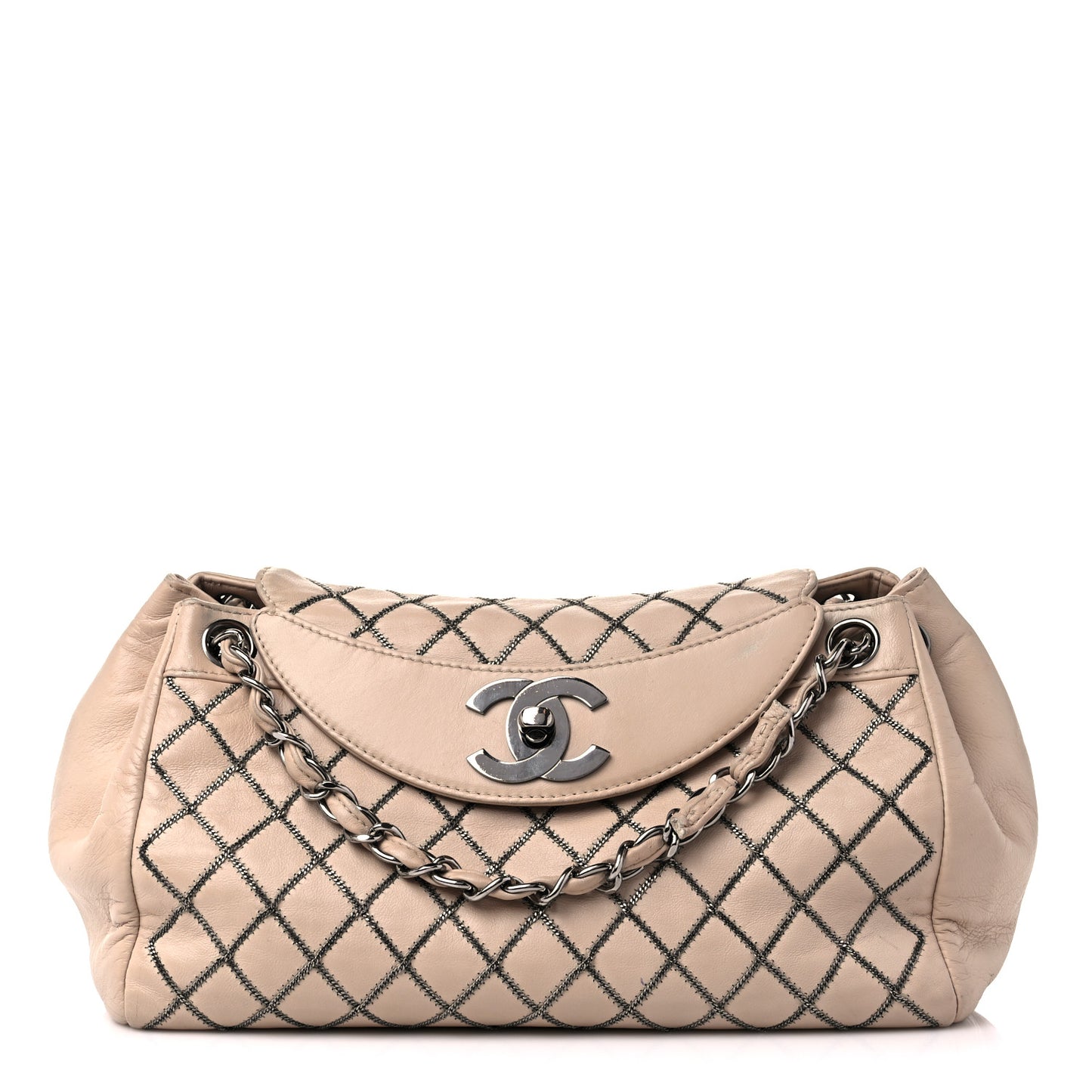 Lambskin Chain Stitch Shoulder Bag Beige