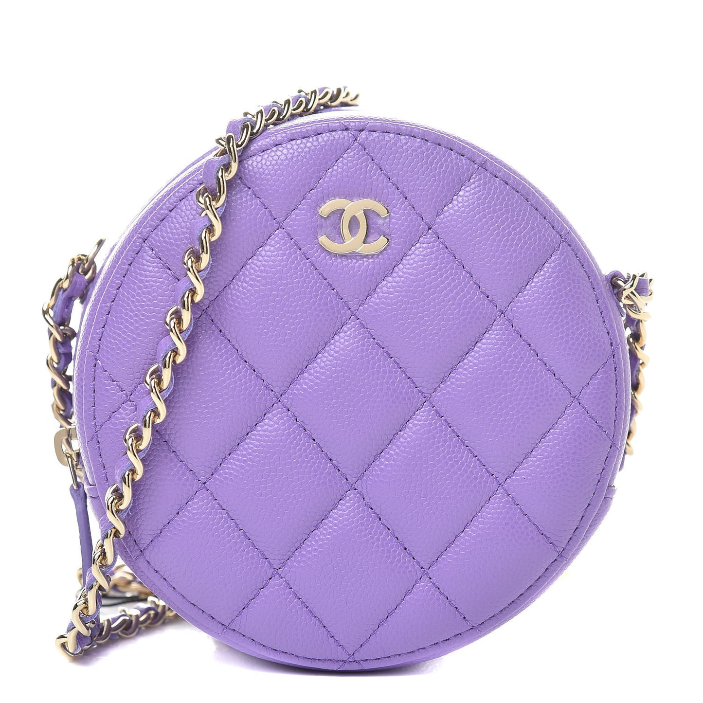 Caviar Quilted Round Clutch With Chain Purple