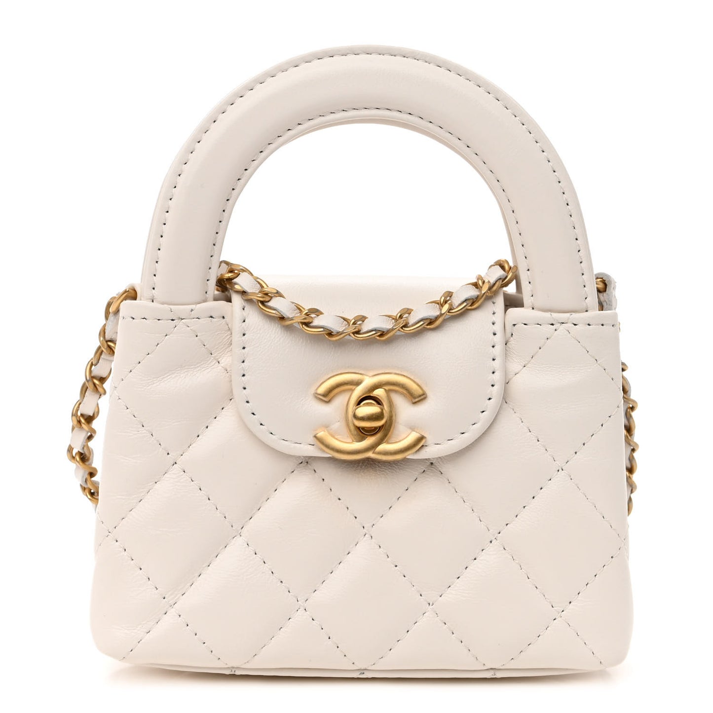 Shiny Aged Calfskin Quilted Mini Nano Kelly Shopper White