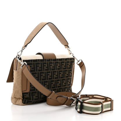 Fendi Fabric Jacquard Canvas Vitello Grace Pequin FF 1974 Large Convertible Baguette Tobacco Moro Grezzo Sand 3 of 10