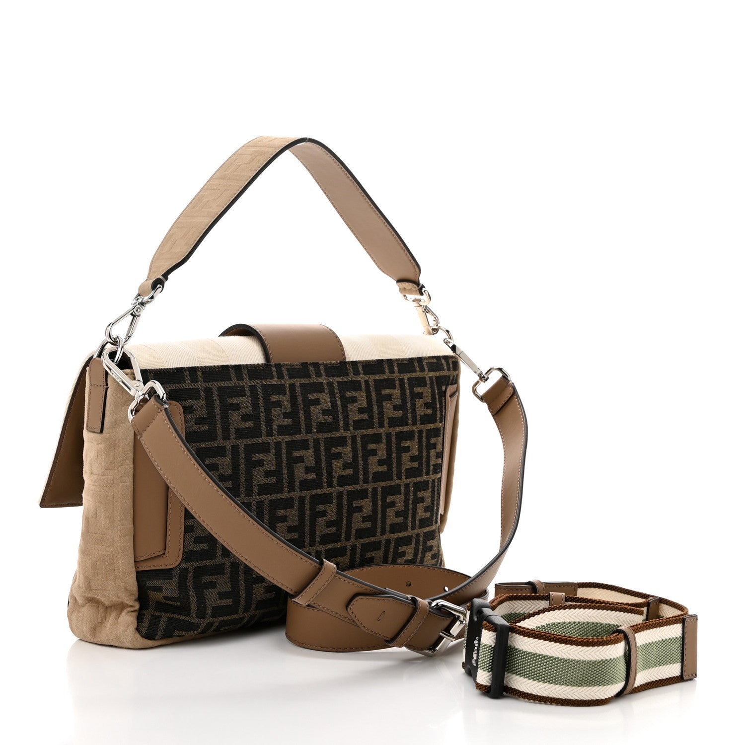 Fendi Fabric Jacquard Canvas Vitello Grace Pequin FF 1974 Large Convertible Baguette Tobacco Moro Grezzo Sand 3 of 10