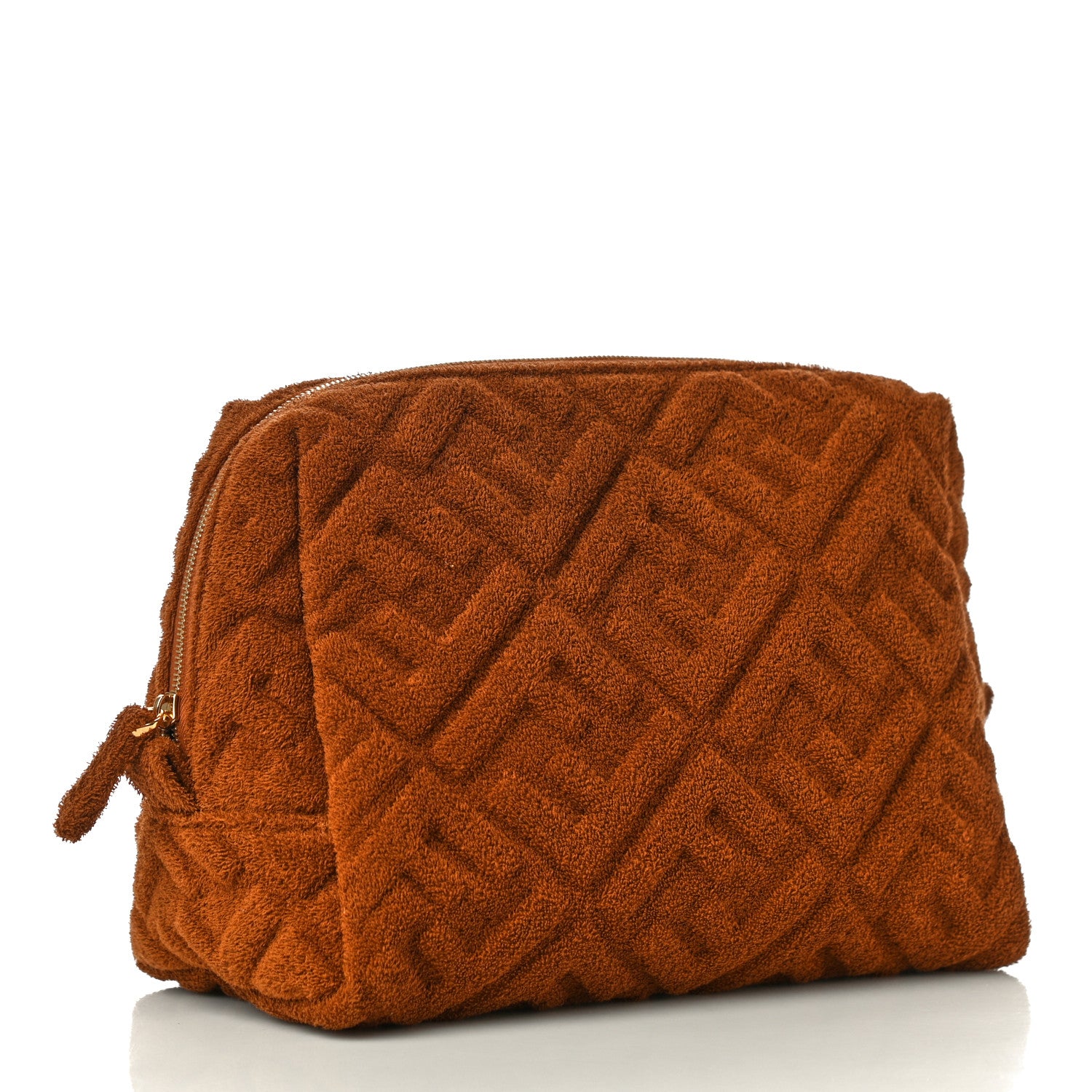 Fendi Terry Cloth Vitello Century Matte FF 1974 Embossed Medium Trapezoid Beauty Pouch Caramel 3 of 8