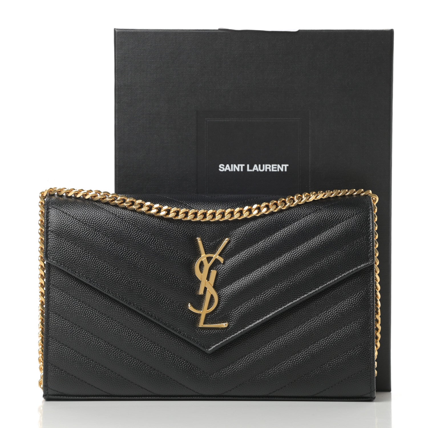 Saint Laurent Grain De Poudre Matelasse Chevron Monogram Chain Wallet Black 11 of 11