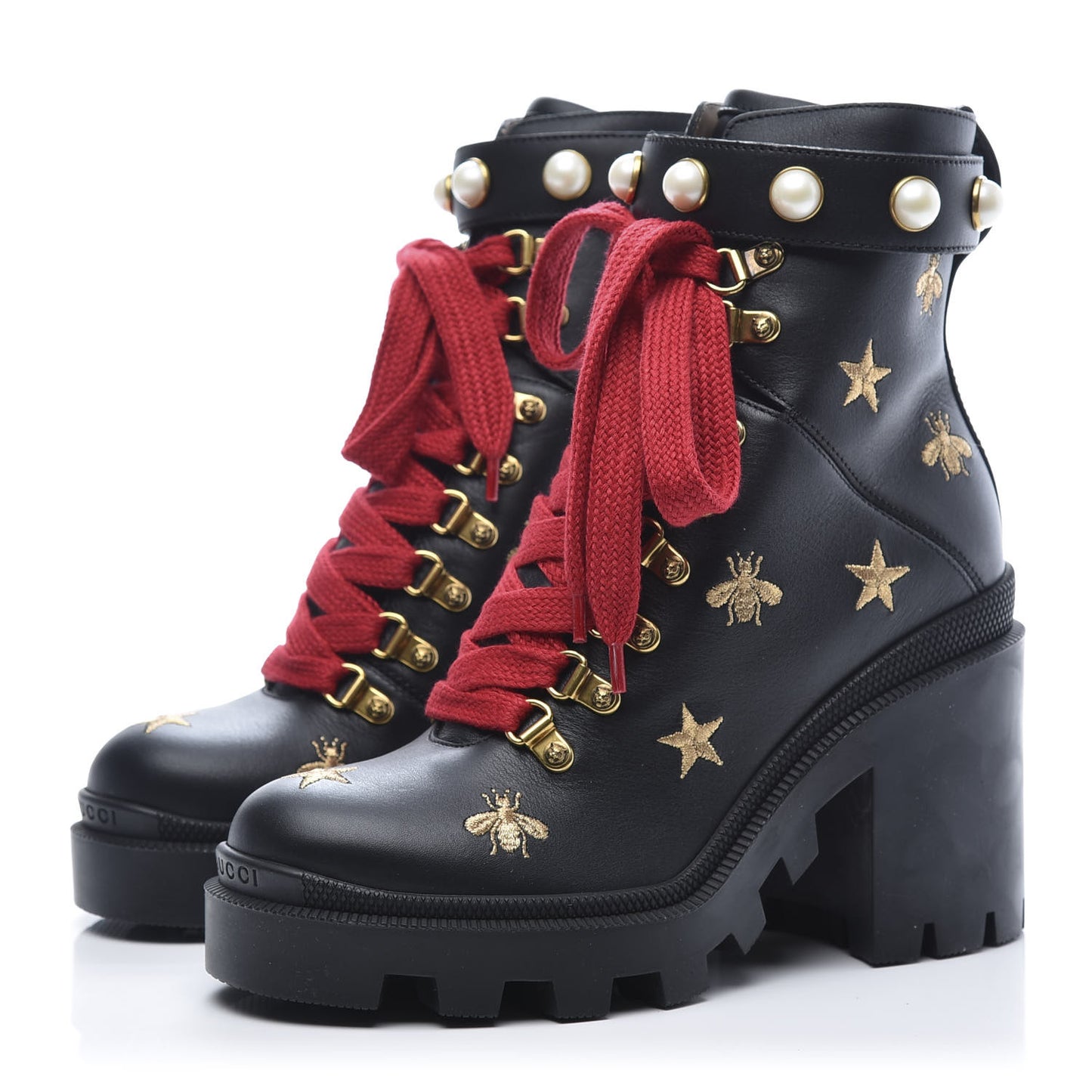 Calfskin Embroidered Lace Up Combat Ankle Boots 36 Black