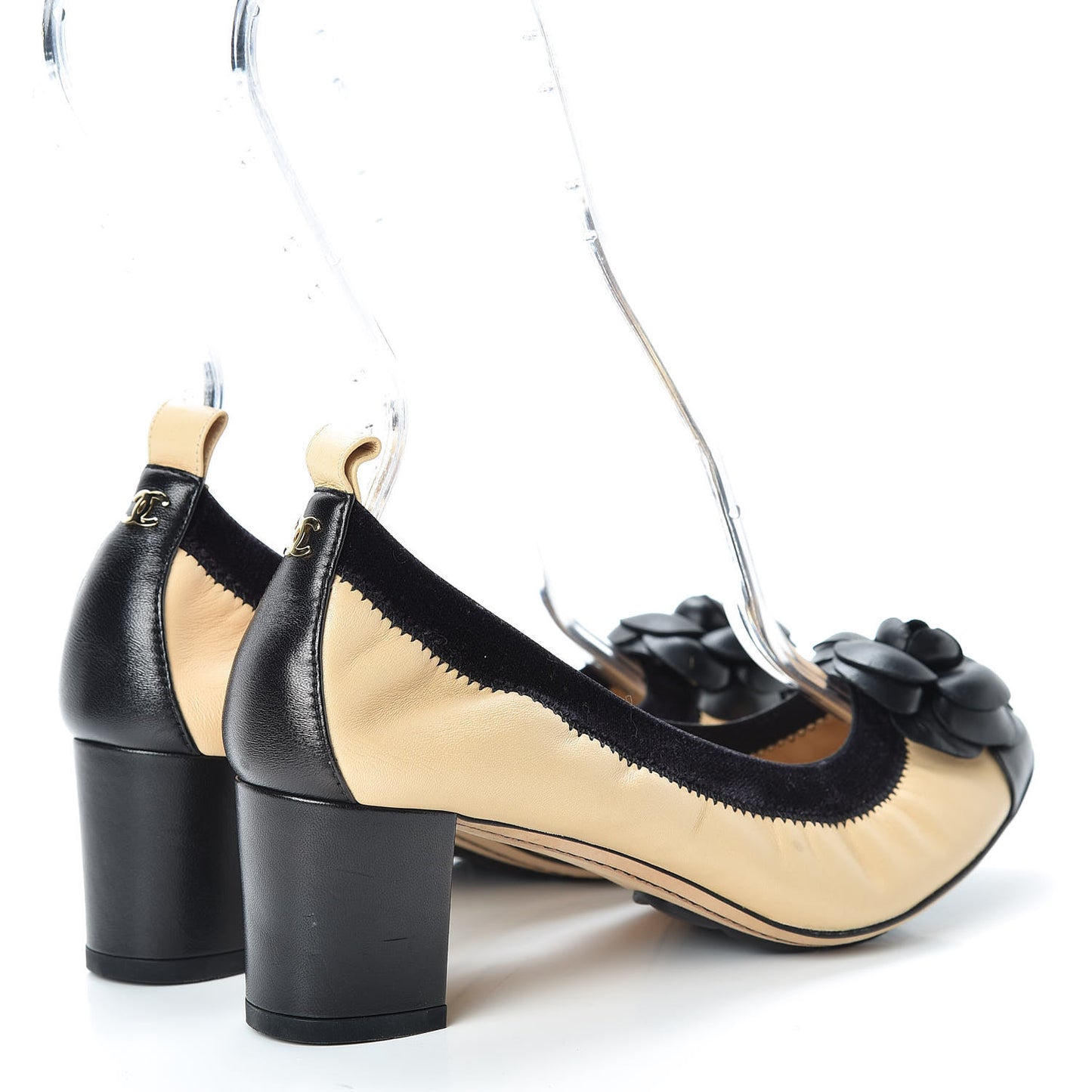 Lambskin Camellia CC Elastic Stretch Pumps 36 Beige Black