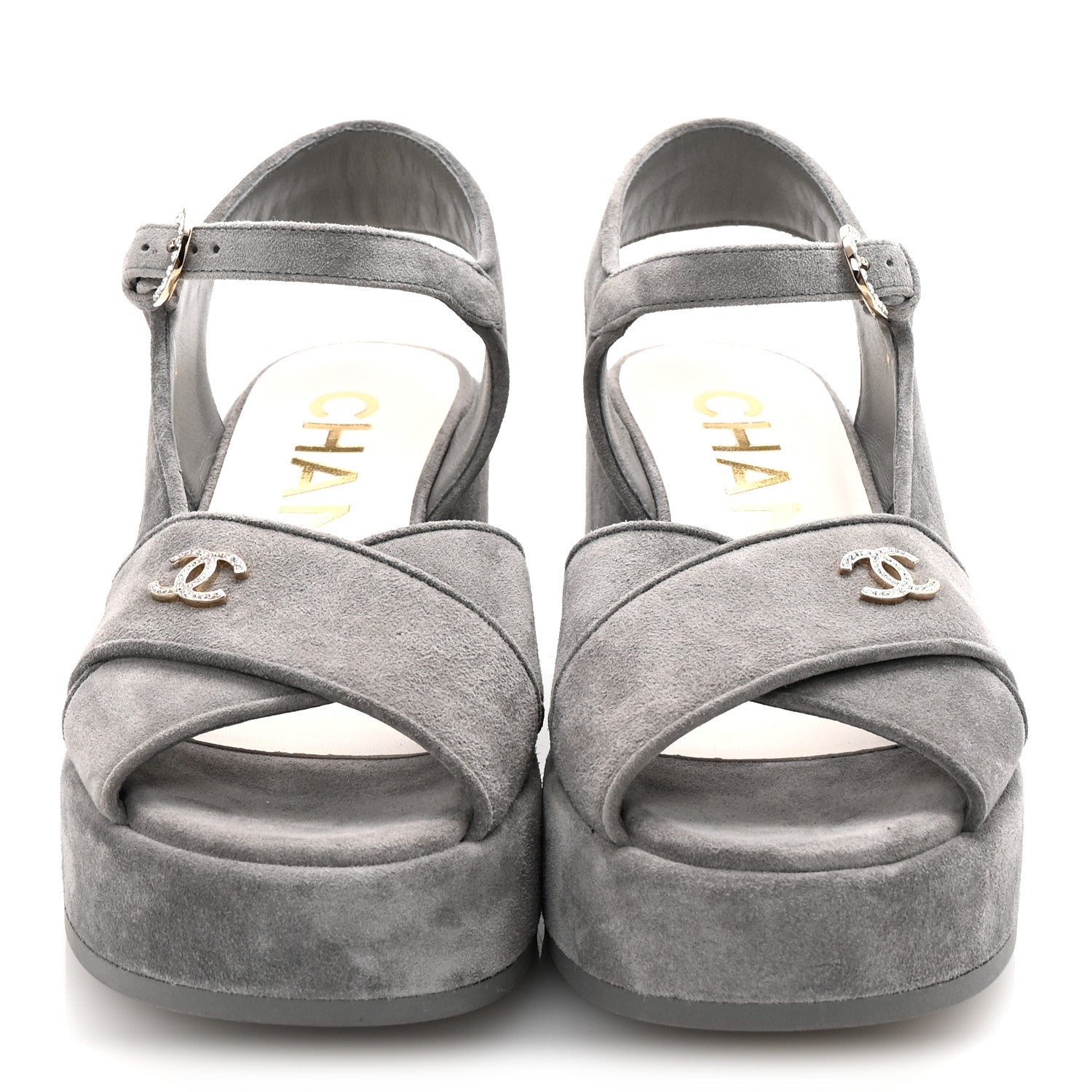 Chanel Suede Calfskin Peep Toe Wedge Sandals 37 Grey 3 of 9