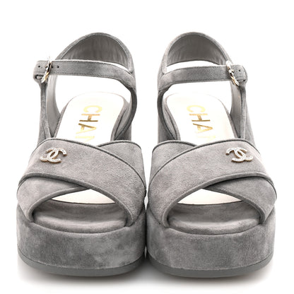 Chanel Suede Calfskin Peep Toe Wedge Sandals 37 Grey 3 of 9