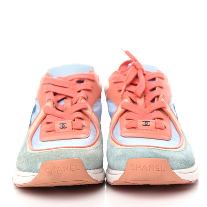 Chanel Nylon Lambskin Suede Calfskin CC Sneakers 36 Coral Light Blue White 2 of 10