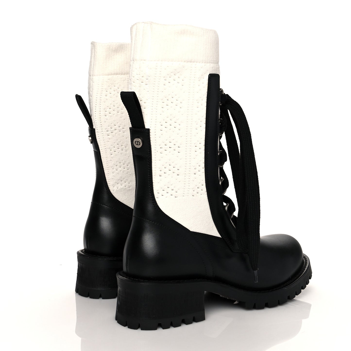Calfskin Knit Fabric Diorland Combat Boots 38.5 Black White