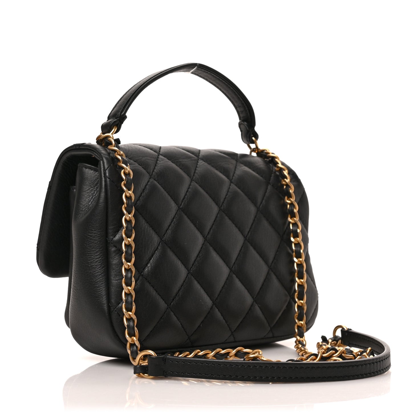 Calfskin Quilted Top Handle Flap Black
