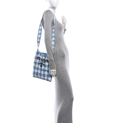 Prada Yarn Raffia Effect Crochet Embroidered Logo Tote Messenger Bag Celeste 2 of 9