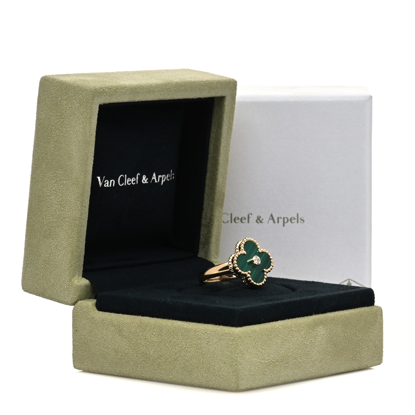 18K Yellow Gold Diamond Malachite Vintage Alhambra Ring 49 4.75