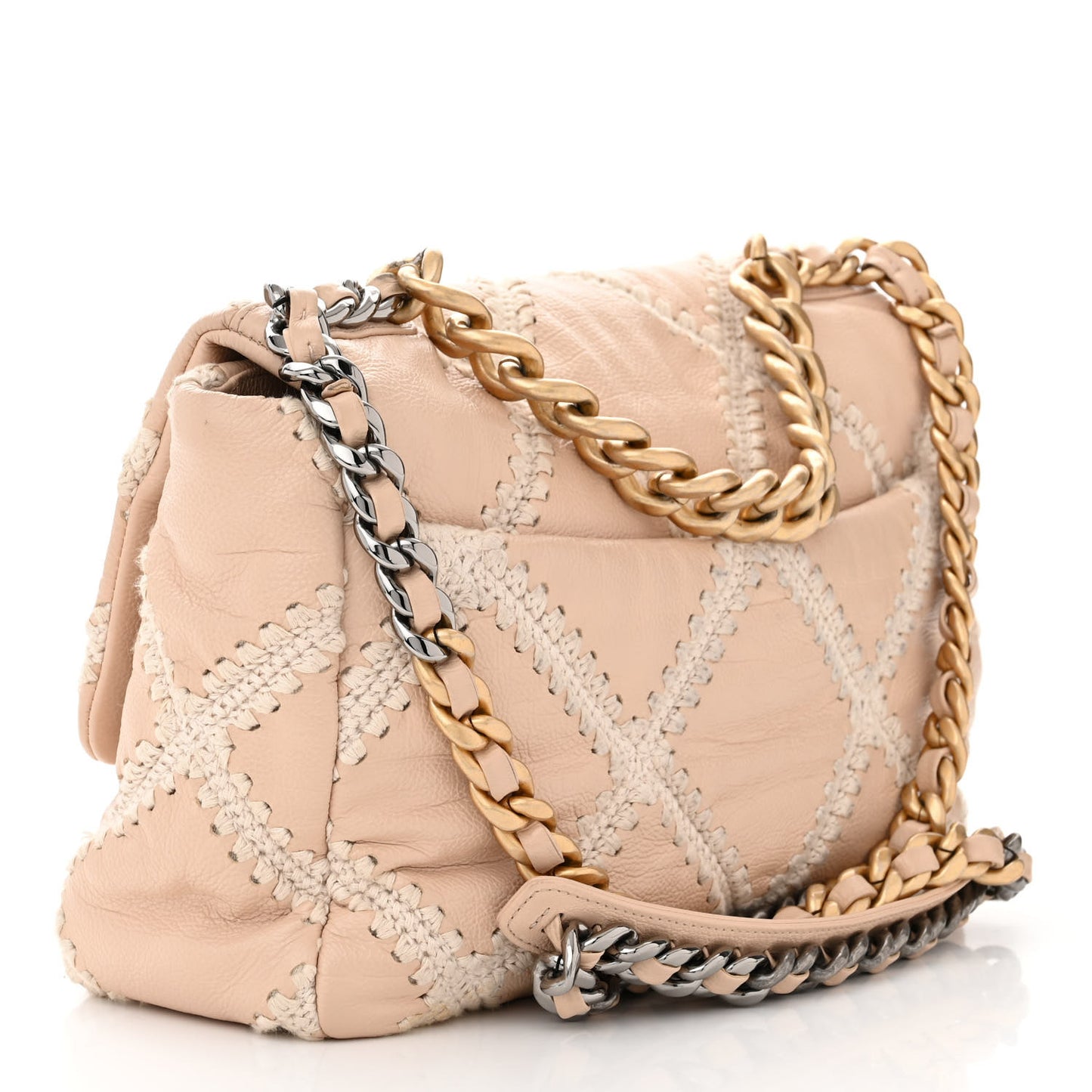 Calfskin Crochet Large Chanel 19 Flap Beige