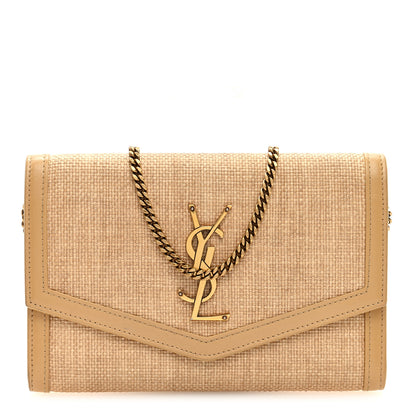 Saint Laurent Micro Raffia Monogram Uptown Chain Wallet Natural Hay Blush 1 of 8