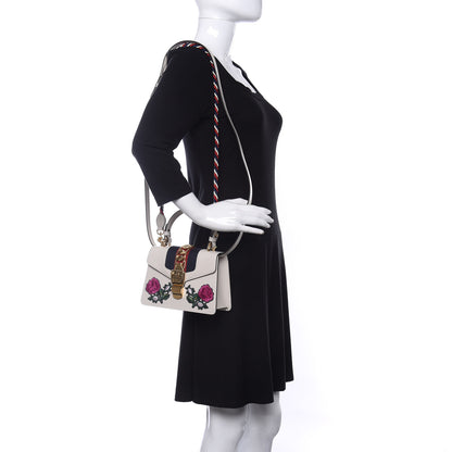 Gucci Calfskin Embroidered Mini Sylvie Top Handle Bag White 2 of 10