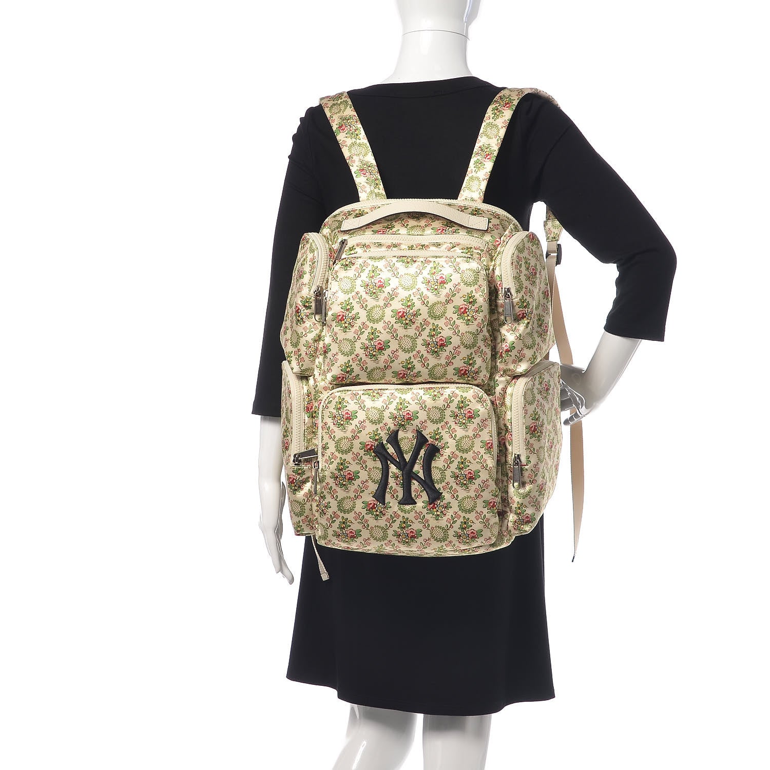 Gucci X MLB Satin Floral Print NY Yankees Patch Backpack Ivory Green 2 of 11