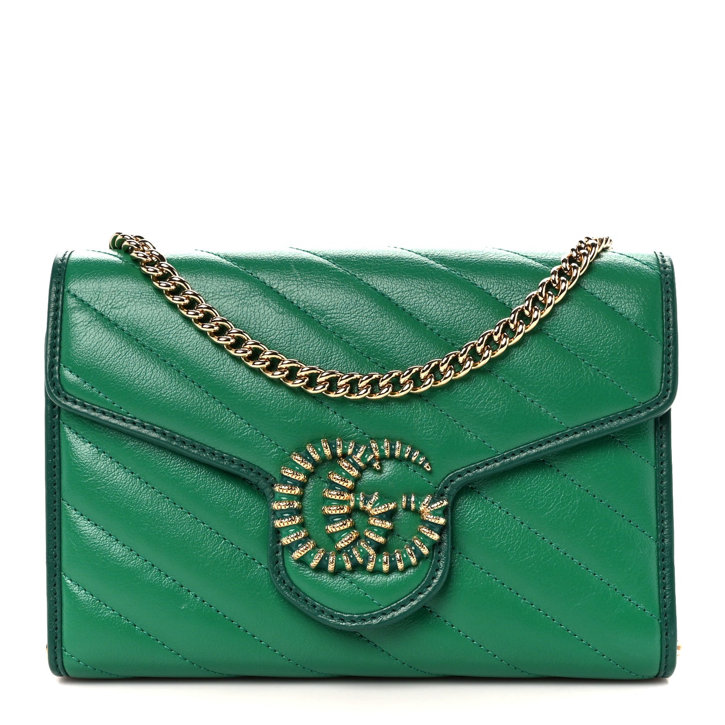 Azalea Calfskin Enamel Matelasse Diagonal Torchon GG Marmont Chain Wallet New Shamrock Emerald