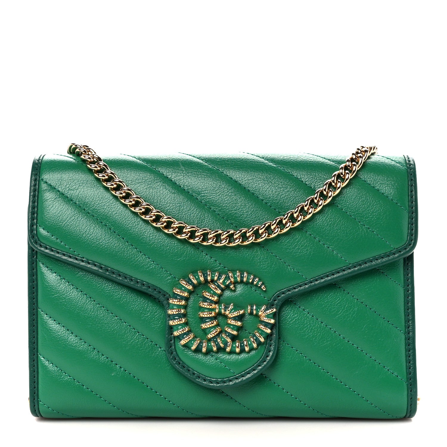 Gucci Azalea Calfskin Enamel Matelasse Diagonal Torchon GG Marmont Chain Wallet New Shamrock Emerald 1 of 11