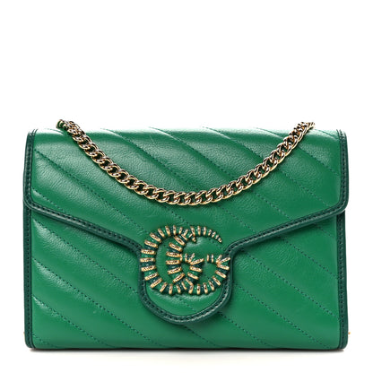 Gucci Azalea Calfskin Enamel Matelasse Diagonal Torchon GG Marmont Chain Wallet New Shamrock Emerald 1 of 11