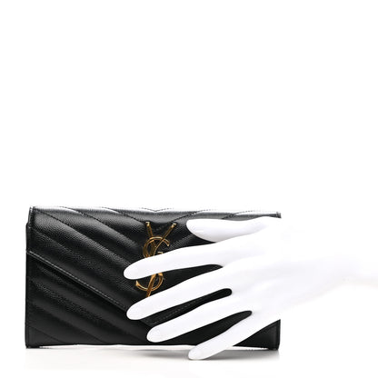Saint Laurent Grain De Poudre Matelasse Chevron Monogram Flap Wallet Black 2 of 7