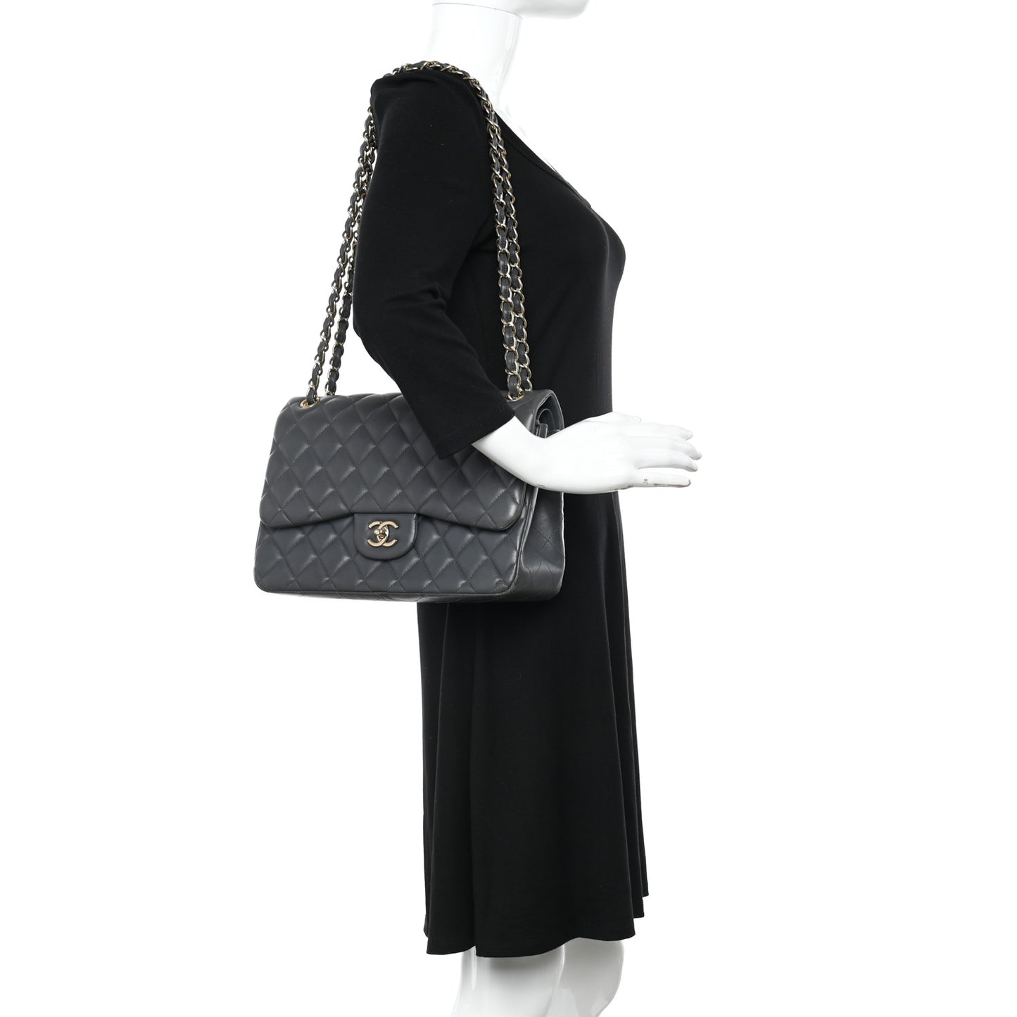 Lambskin Quilted Jumbo Double Flap Dark Grey