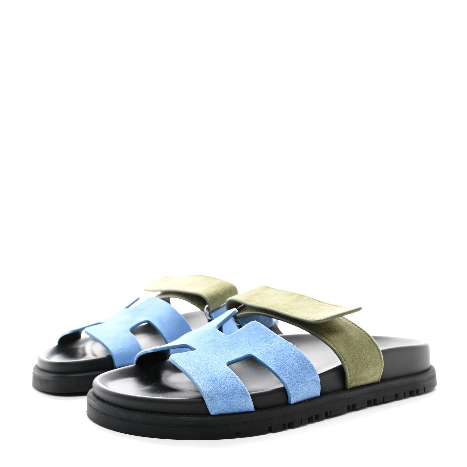 Hermes Suede Goatskin Womens Chypre Sandals 36.5 Bleu Cameo Vert Celadon 3 of 9