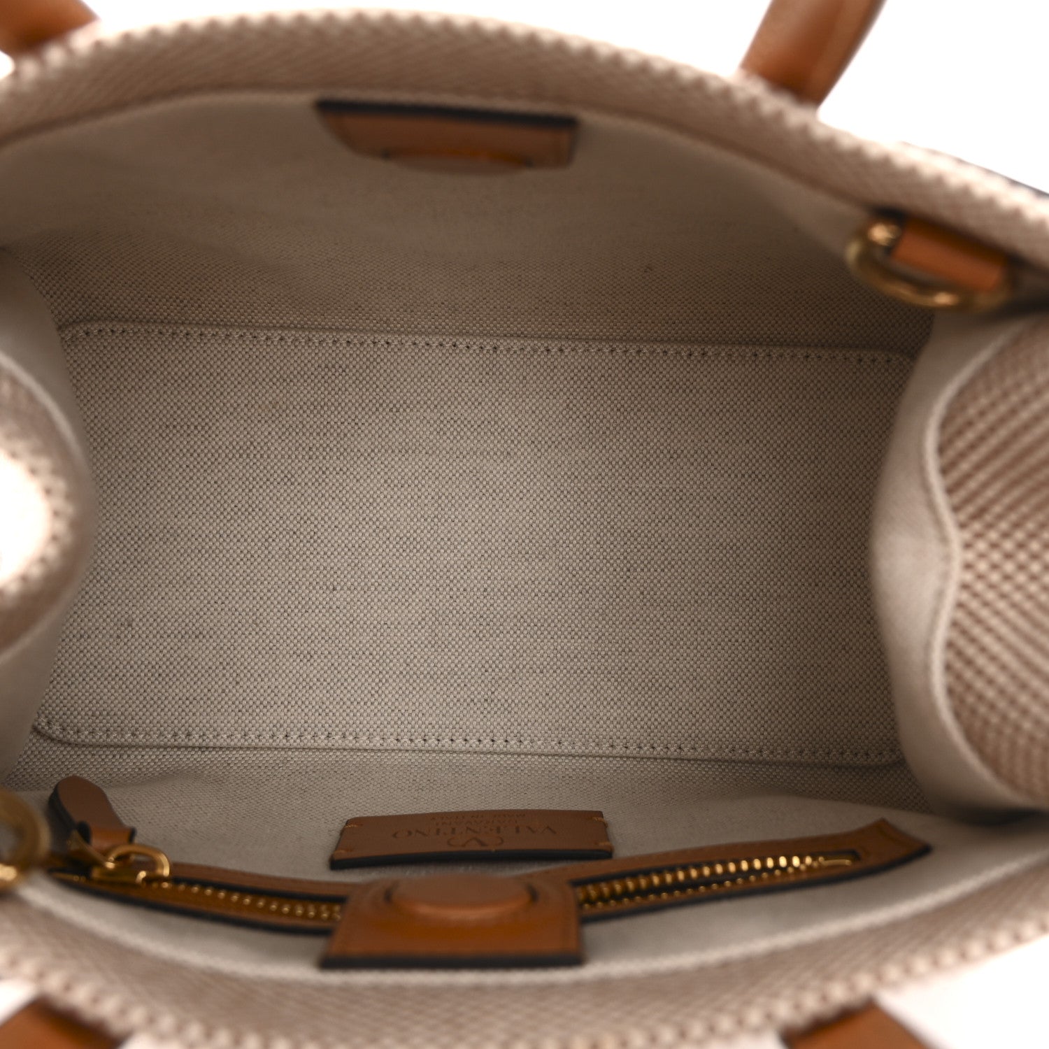 Valentino Garavani Cotton Canvas Calfskin Vlogo Small Antibes Tote Naturale Tobacco 5 of 12