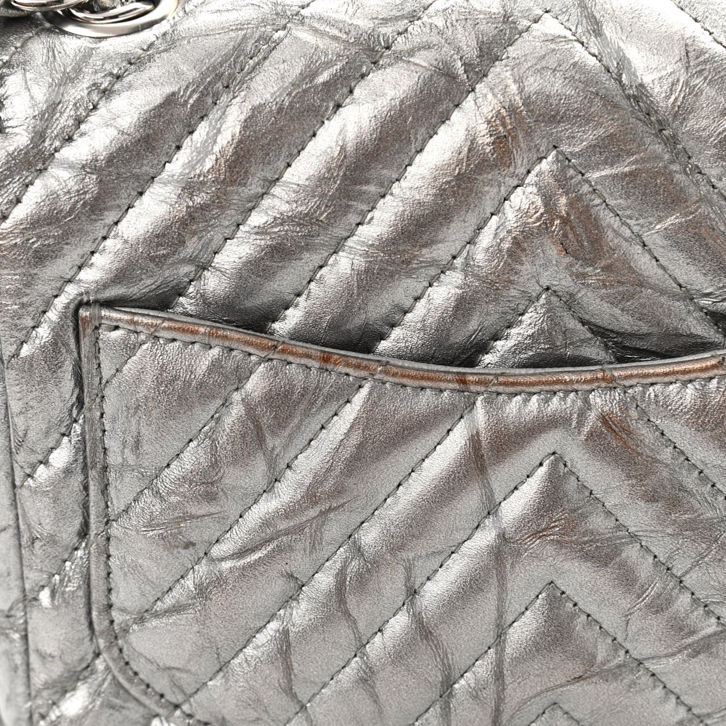 Metallic Patent Crumpled Calfskin Chevron Quilted Mini Square Flap Silver
