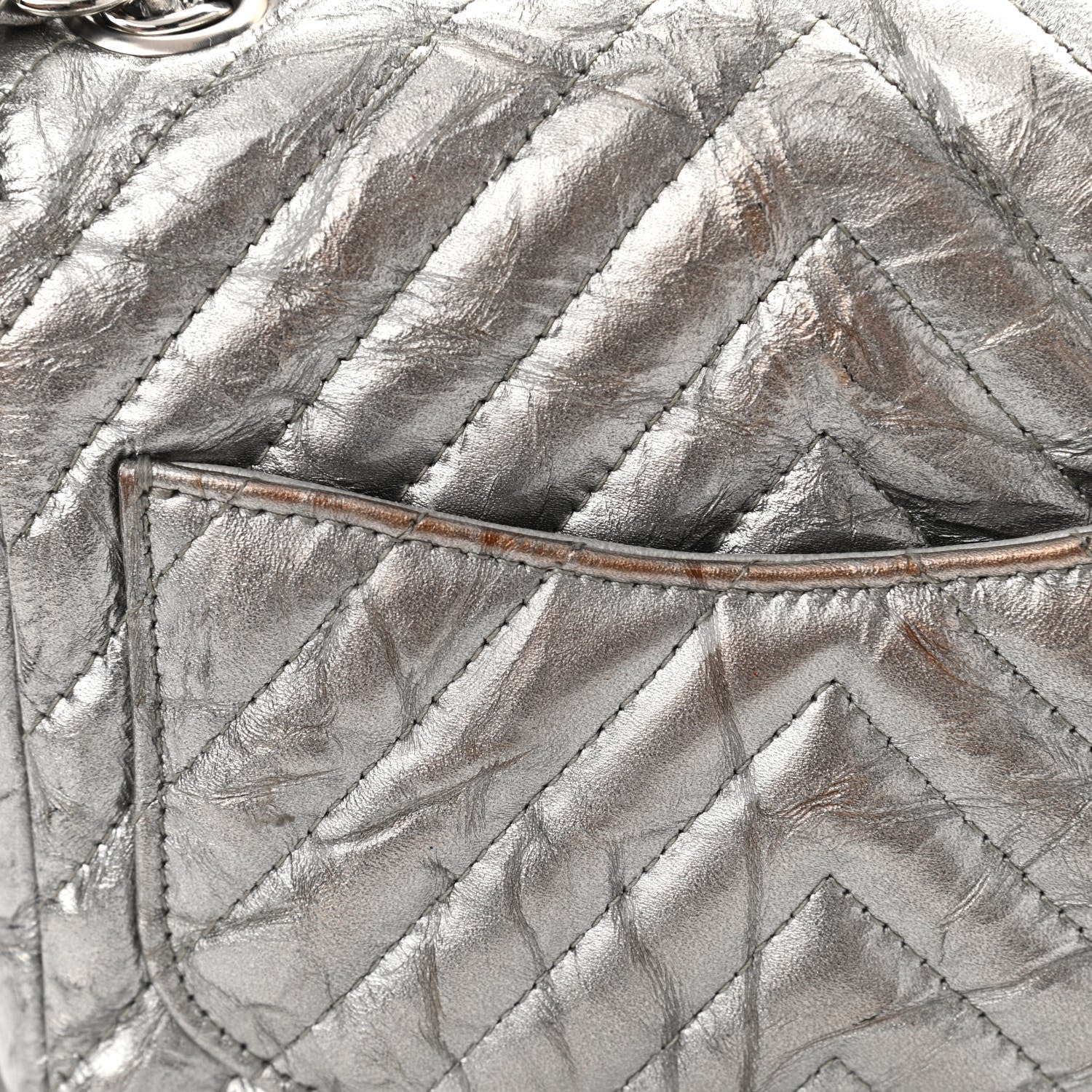 Chanel Metallic Patent Crumpled Calfskin Chevron Quilted Mini Square Flap Silver 13 of 16