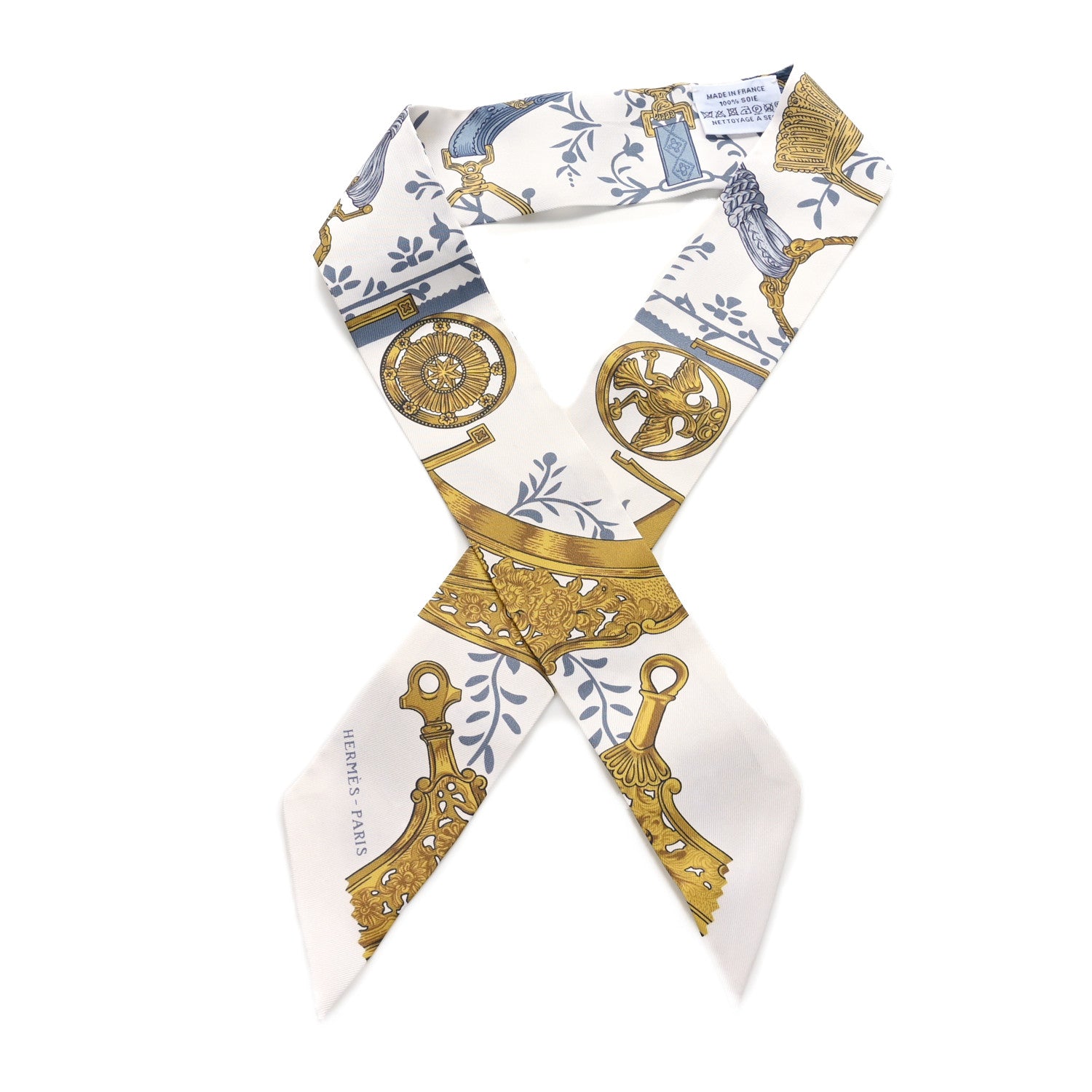 Hermes Silk Etriers Remix Twilly White Gris Bleu Dore 1 of 4