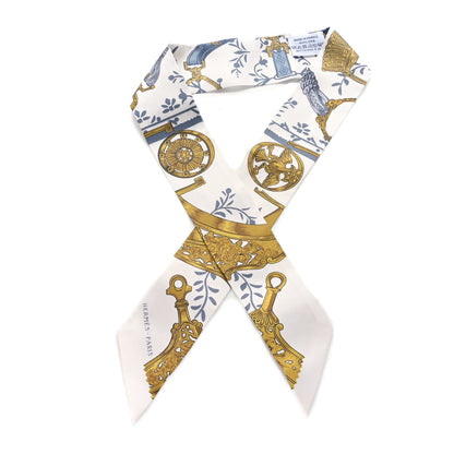 Hermes Silk Etriers Remix Twilly White Gris Bleu Dore 1 of 4