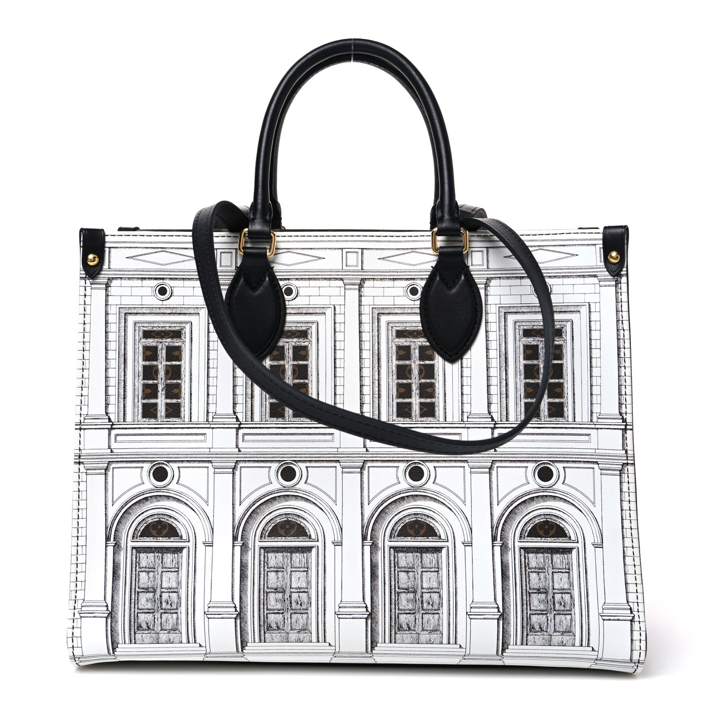 X FORNASETTI Calfskin Architettura Onthego MM Black White