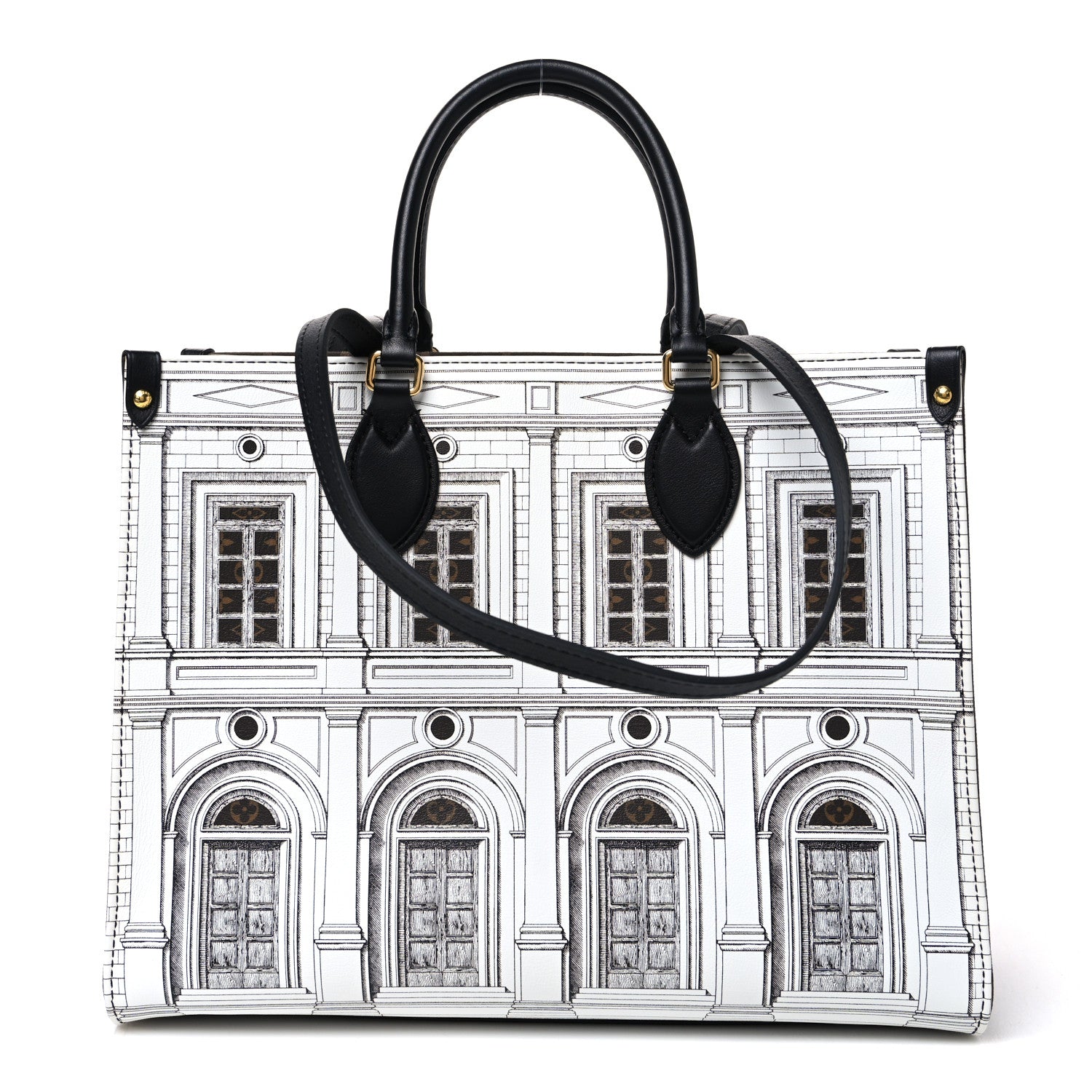 Louis Vuitton X FORNASETTI Calfskin Architettura Onthego MM Black White 1 of 9