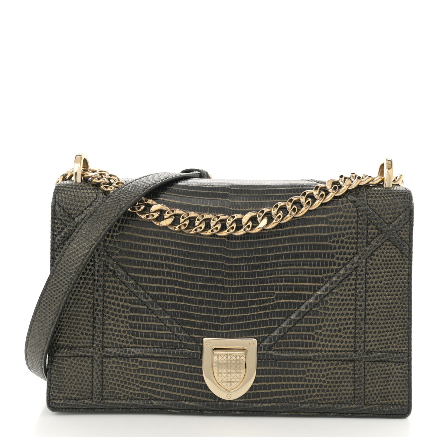 Lizard Medium Diorama Flap Bag Black Gold