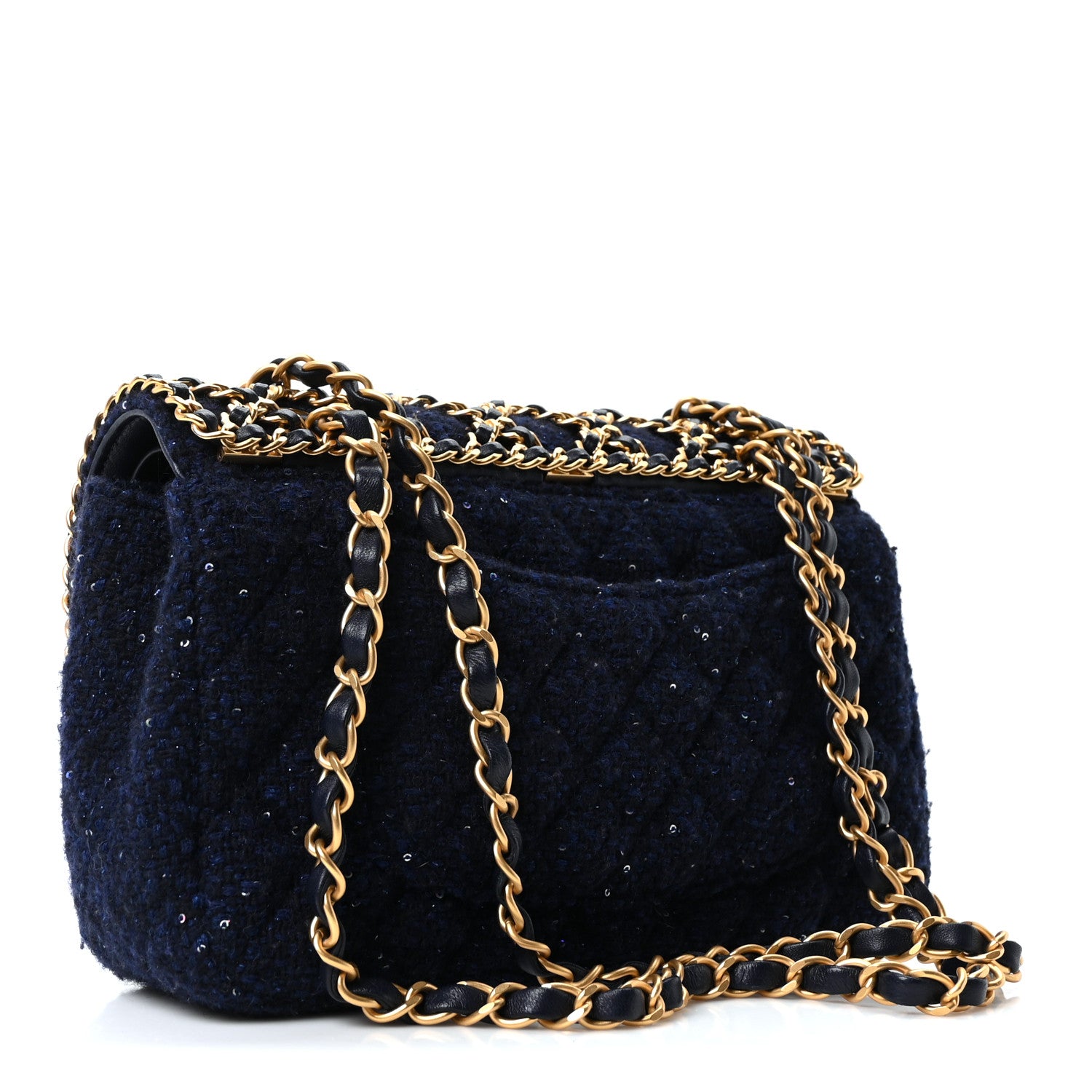 Chanel Tweed Sequin Timeless Classic Chained Double Flap Navy Blue 3 of 10