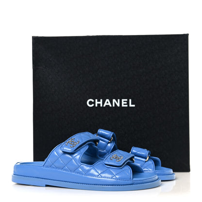 Chanel Lambskin Quilted Velcro Dad Chain CC Slide Sandals 37 Blue 10 of 10
