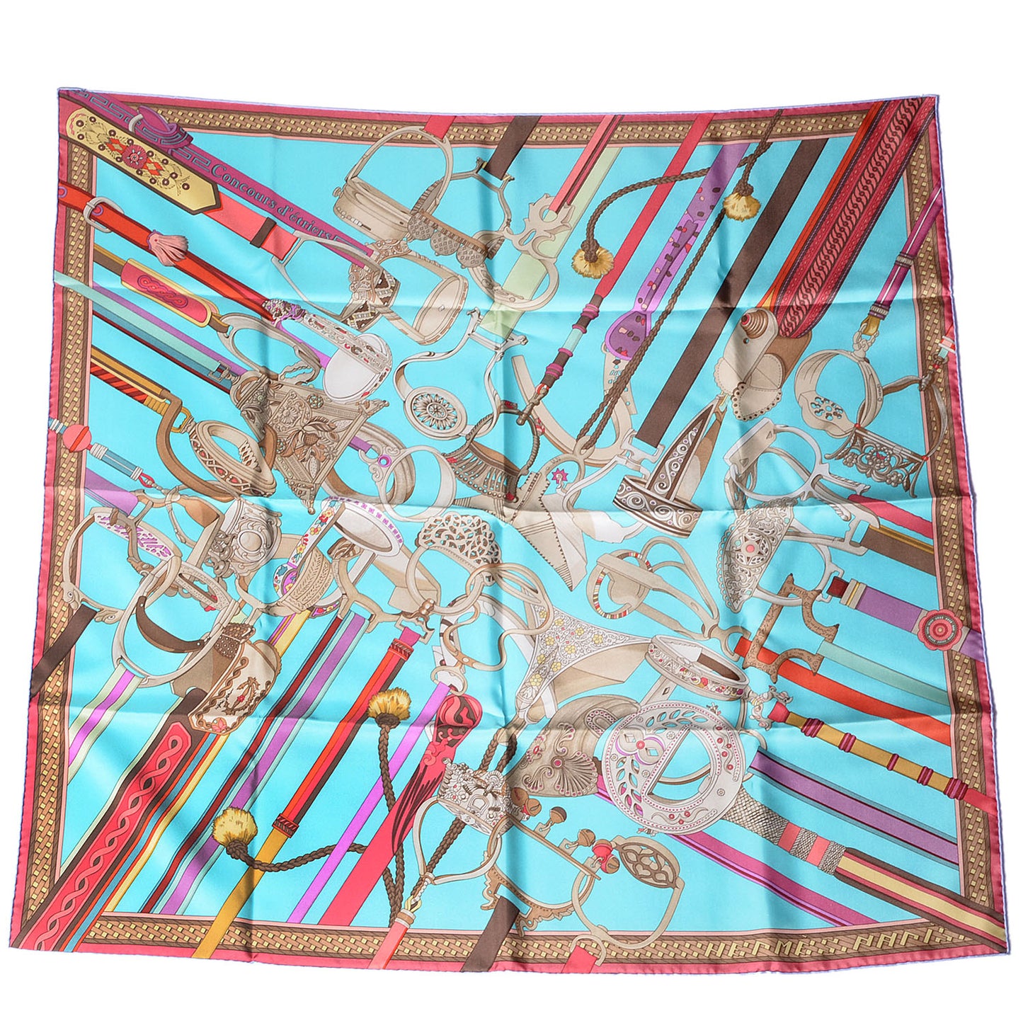 Silk Concours D'Etriers Scarf 90 Turquoise Clair Mauve Sable
