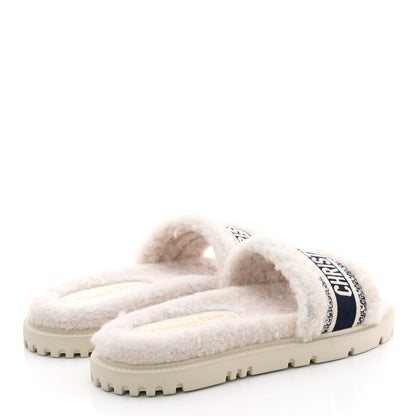 Christian Dior Shearling Canvas Embroidered Dway 10mm Slide Sandals 39 Natural Deep Blue 4 of 10