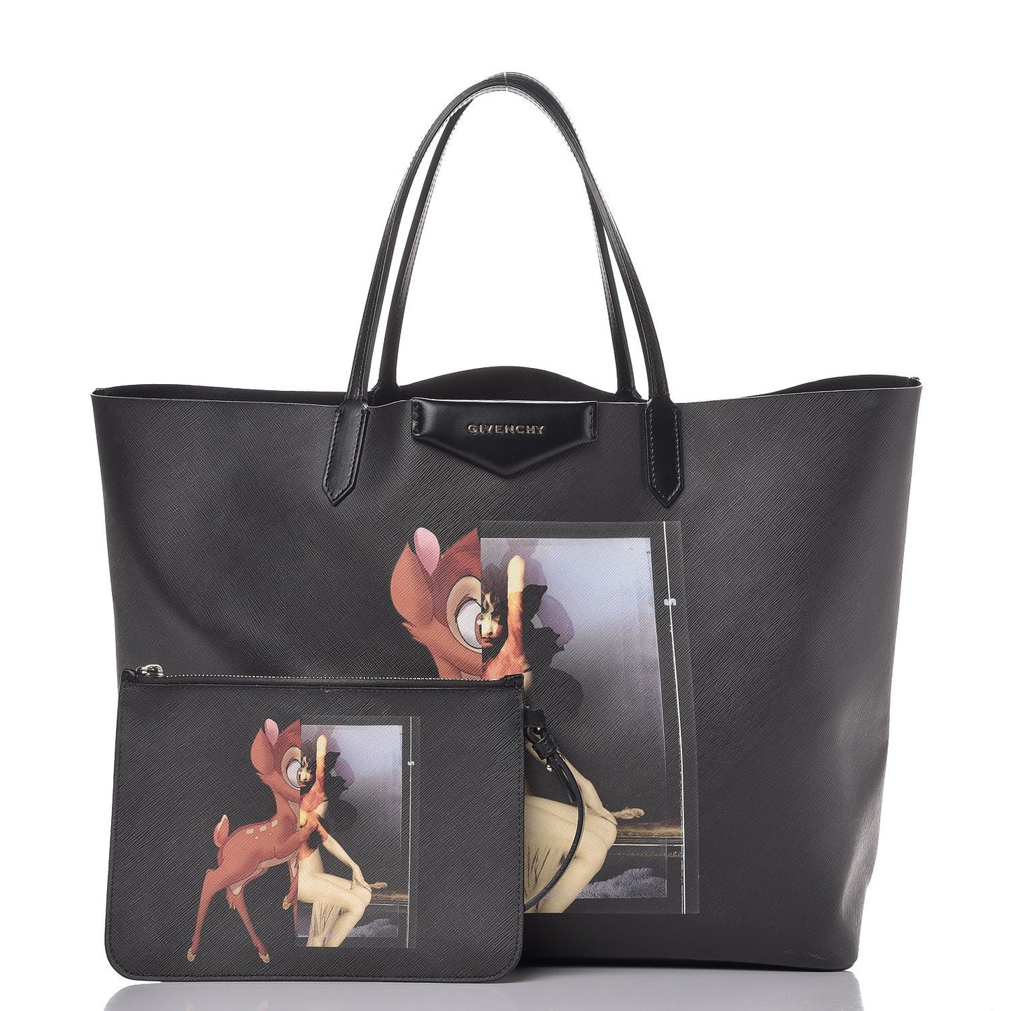 Textured Coated Canvas Bambi Print Large Antigona Tote Black