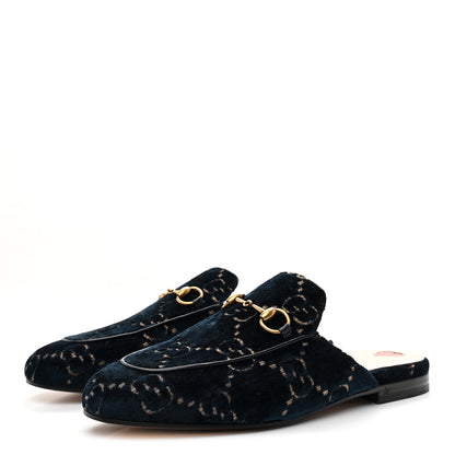 Gucci Velvet GG Monogram Womens Princetown Slippers 37 Blue Beige 4 of 10