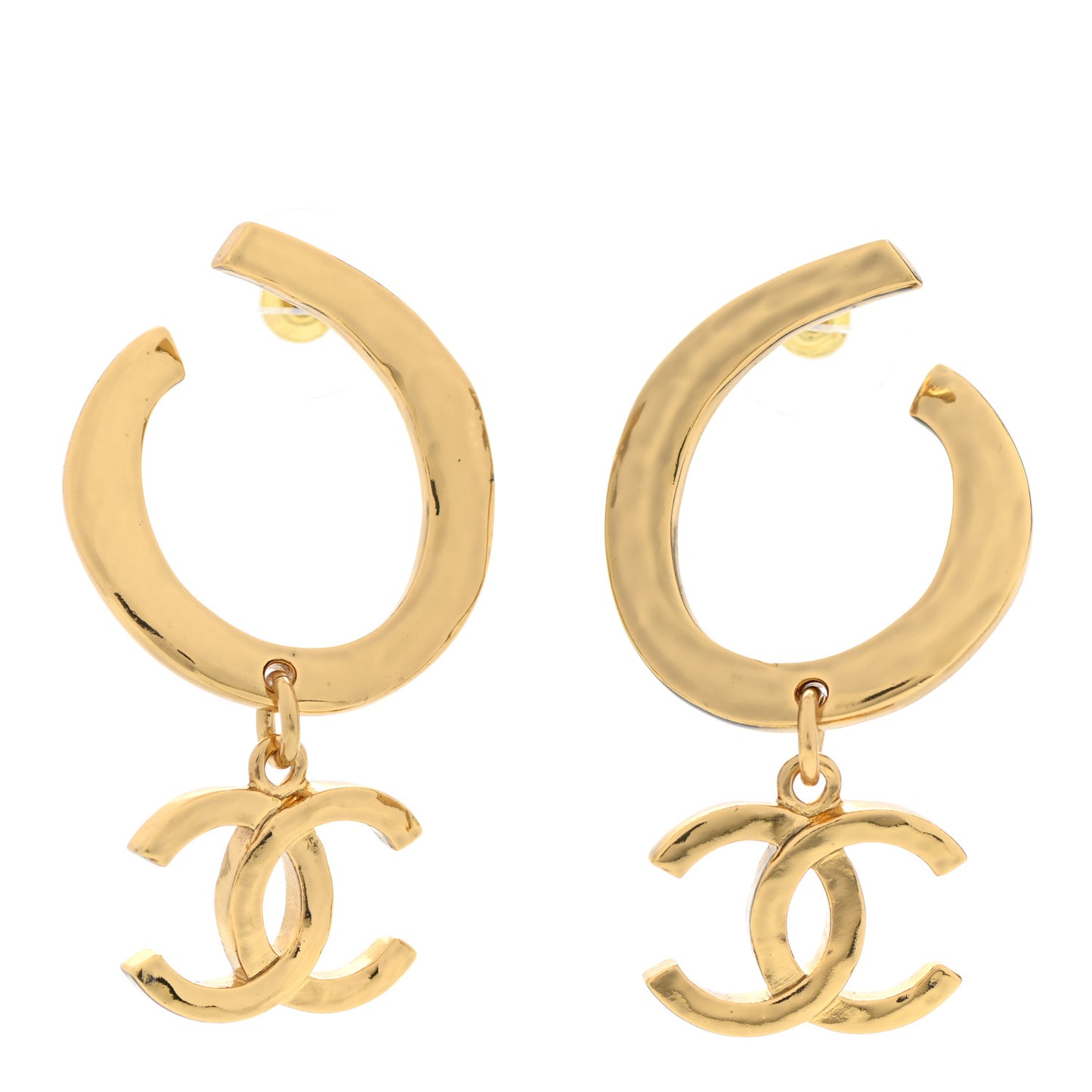 Metal Textured Hoop Drop CC Earrings Gold