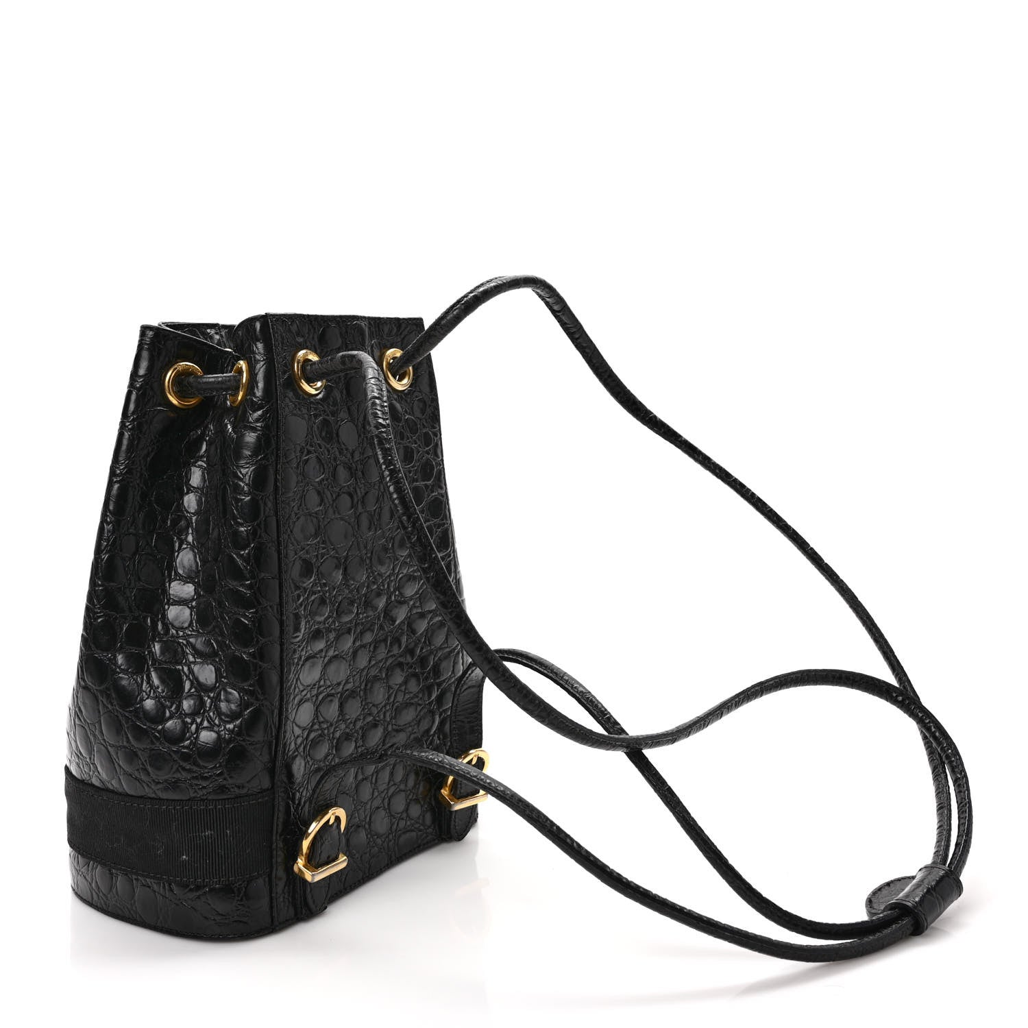 Salvatore Ferragamo Calfskin Crocodile Embossed Vara Bow Bucket Bag Black 3 of 8