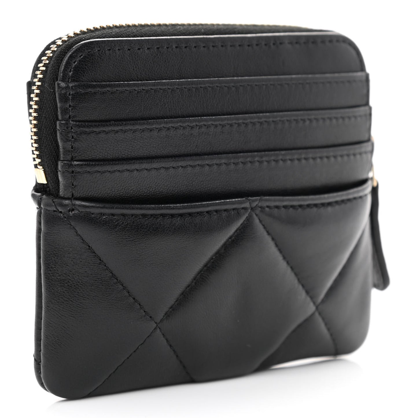 Lambskin Quilted Chanel 19 Zip Card Holder Wallet Black