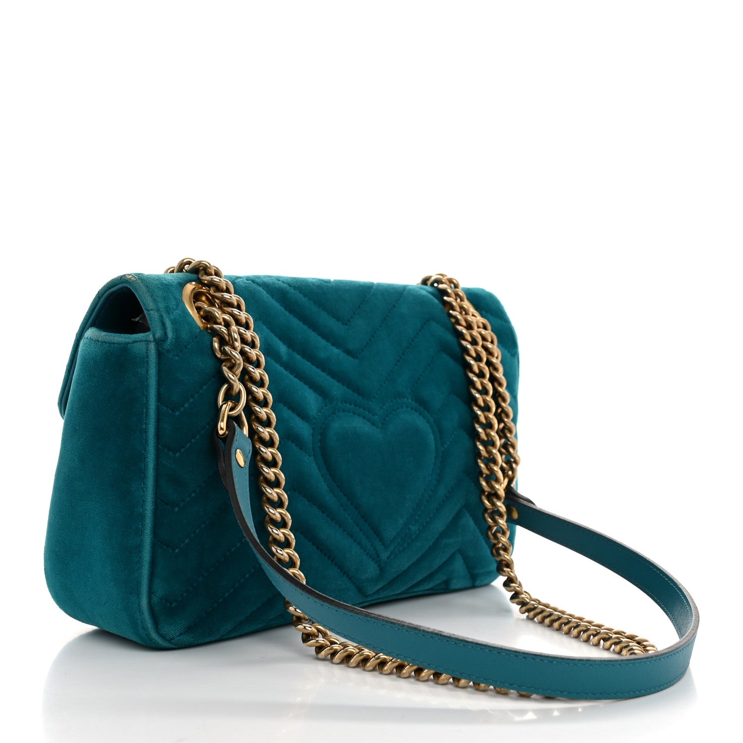 Gucci Velvet Matelasse Small GG Marmont Shoulder Bag Pavone Cyan 2 of 10