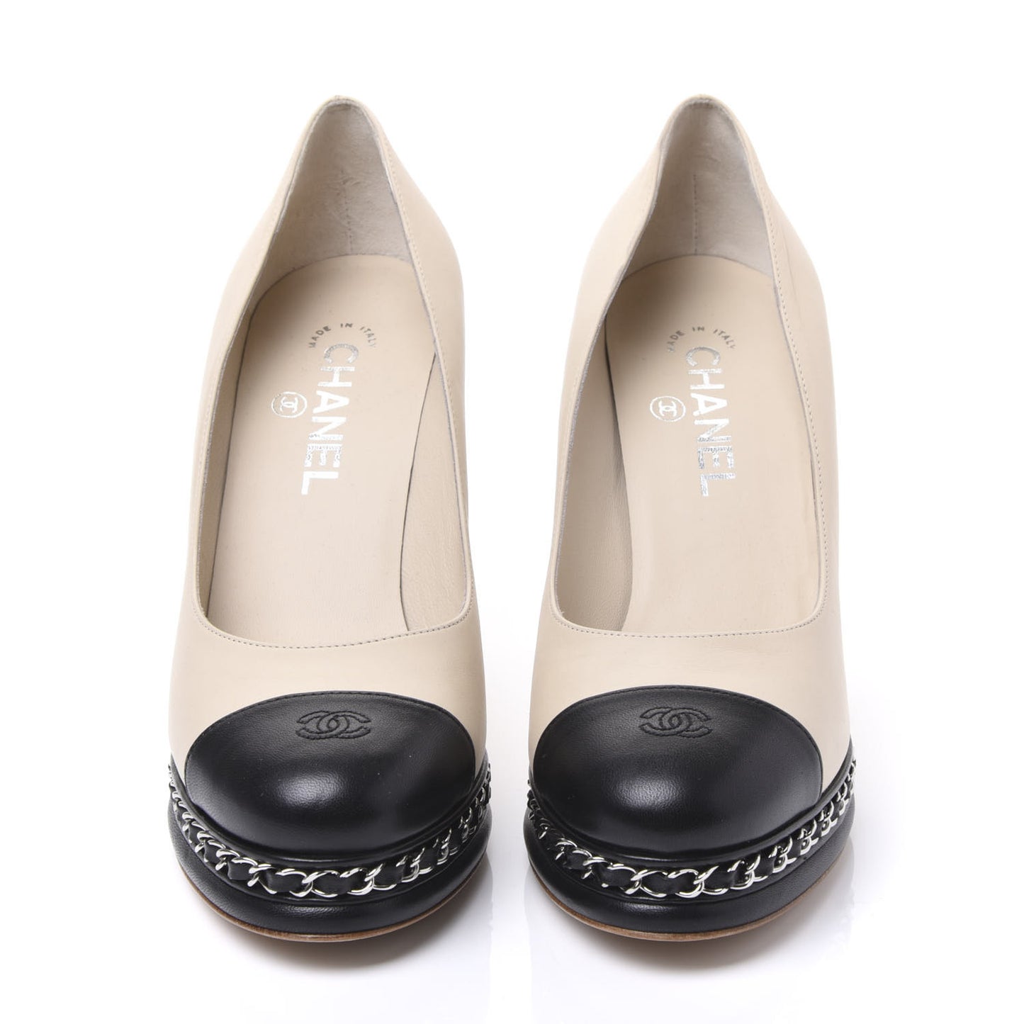 Calfskin CC Cap Toe Platform Chain Pumps 39 Beige Black