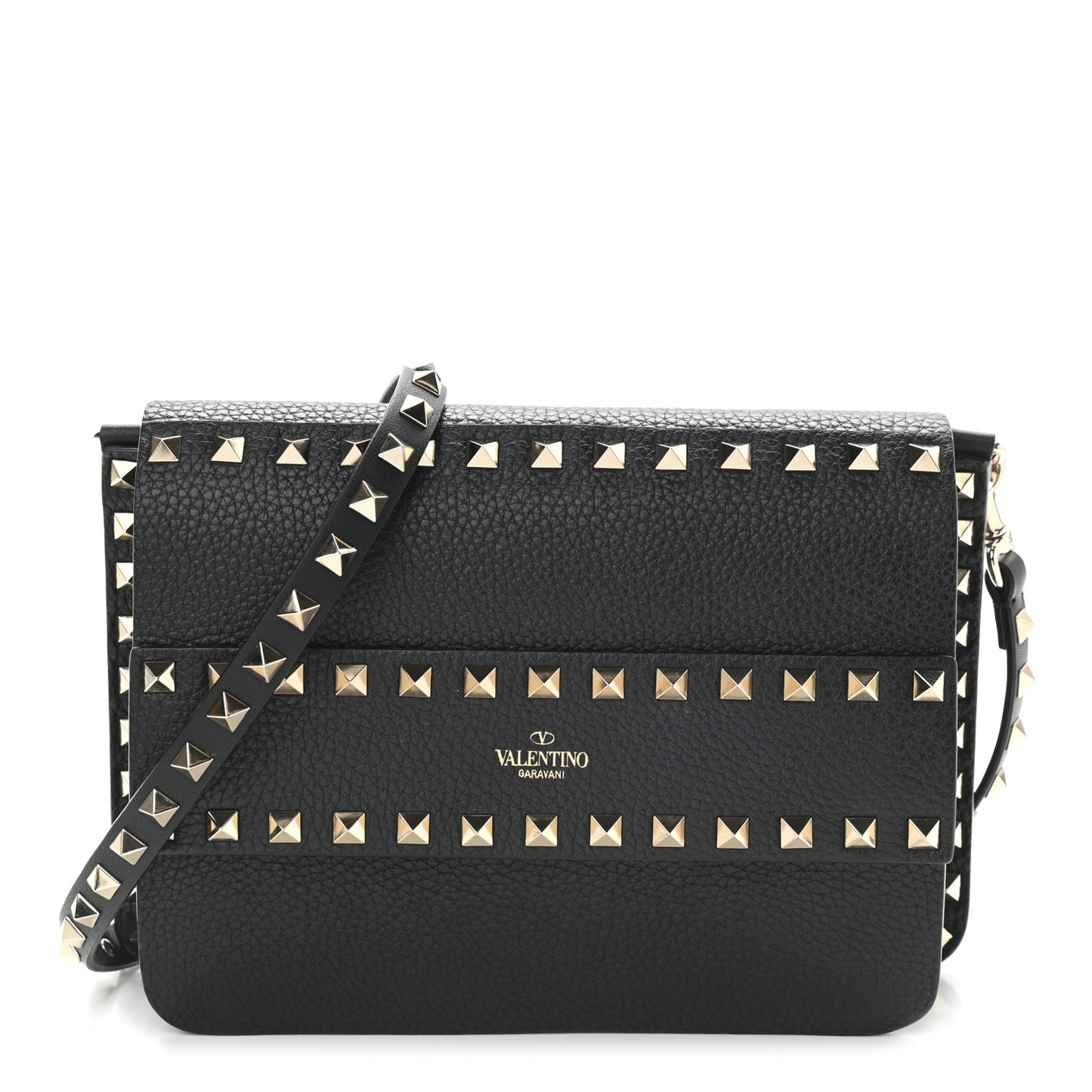 Pebbled Calfskin Rockstud Side Slip Crossbody Black