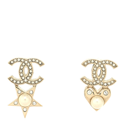 Chanel Crystal Pearl Charming Winter CC Star Heart Earrings Gold 1 of 4